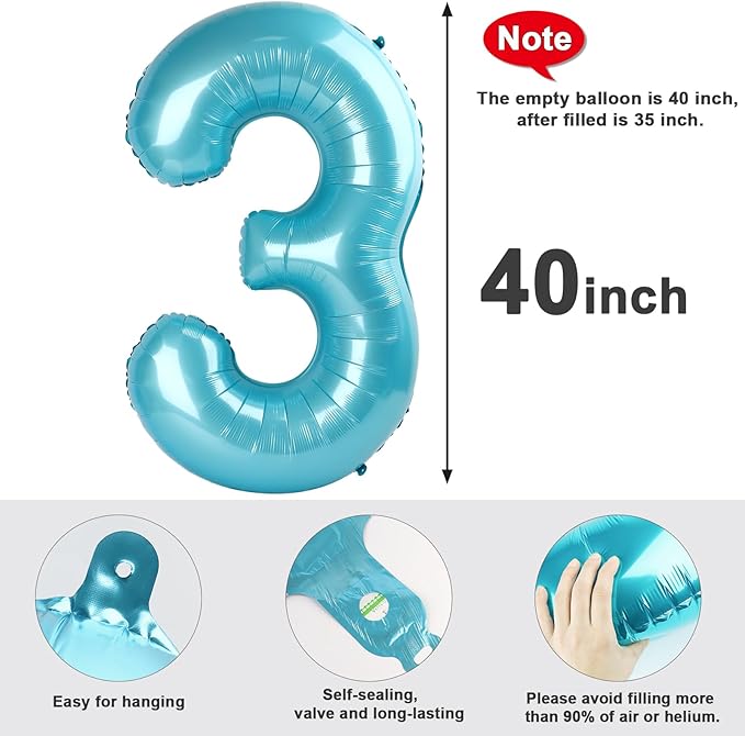 Numbers Balloon 3, 40 Inch Large Pastel Blue Balloon for Three Year Old Birthday Decor, 3 13 30 31 Birthday Party Decorations for Wedding Supplies