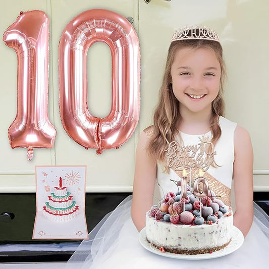 10th Birthday Decorations for Girls, Include 10th Birthday Sash and Tiara, Cake Topper and Candles, Number Balloons, 3D Pop Up Greeting Card, 10 Year Old Gifts for Girls