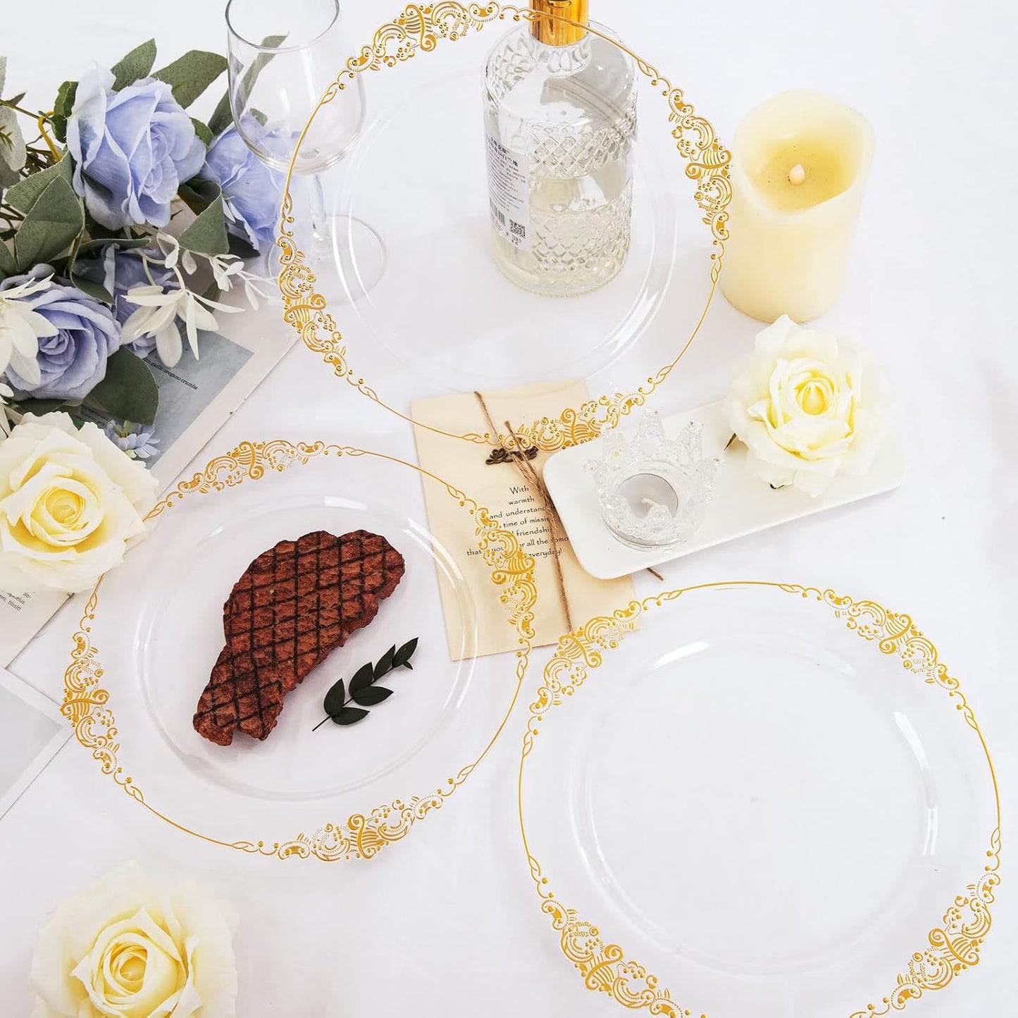 Morejoy 100 Pieces Gold Plastic Plates - Clear Gold Disposable Plates - 10.25inch Clear Plastic Dinner Plates With Gold Rim for Weddings & Parties & Shower
