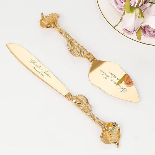 TUKDAK Cake Cutting Set for Wedding, Personalized Gold Cake Knife and Server Set, Custom Cake Serving Set, Engraved Pastry Pie Server Cake Pizza Cutter, Birthday Bridal Gift (CUS-Rustic)