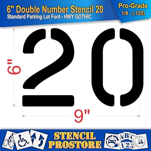 Pavement, Curb, and WheelStop Stencils - 6 inch Double Number Stencil - (20) - 6" x 9" x 1/8" (128 mil) - Pro-Grade