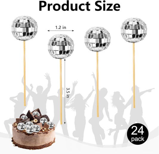 24 Pcs Disco Ball Cupcake Toppers, Mini Disco Ball Cake Picks Birthday Cake Decorations for 1970s Disco Theme Party Favor
