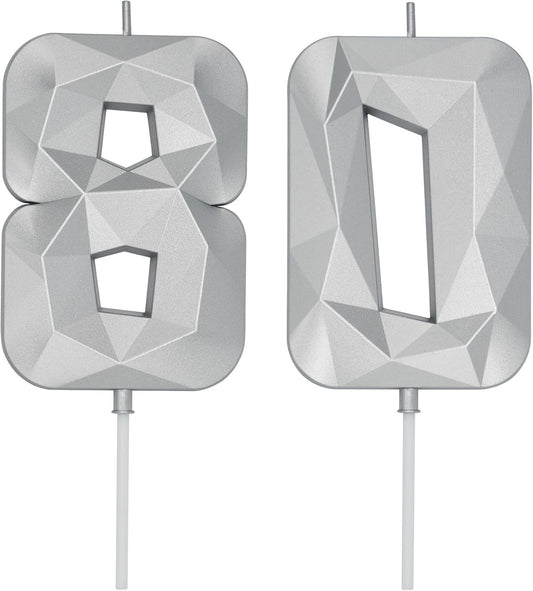 DERVENTA Birthday Candle Big Number 3D Silver 3.7 inch Party Celebration Anniversary Decoration Cake Topper 1 Piece (Number 80 Silver)