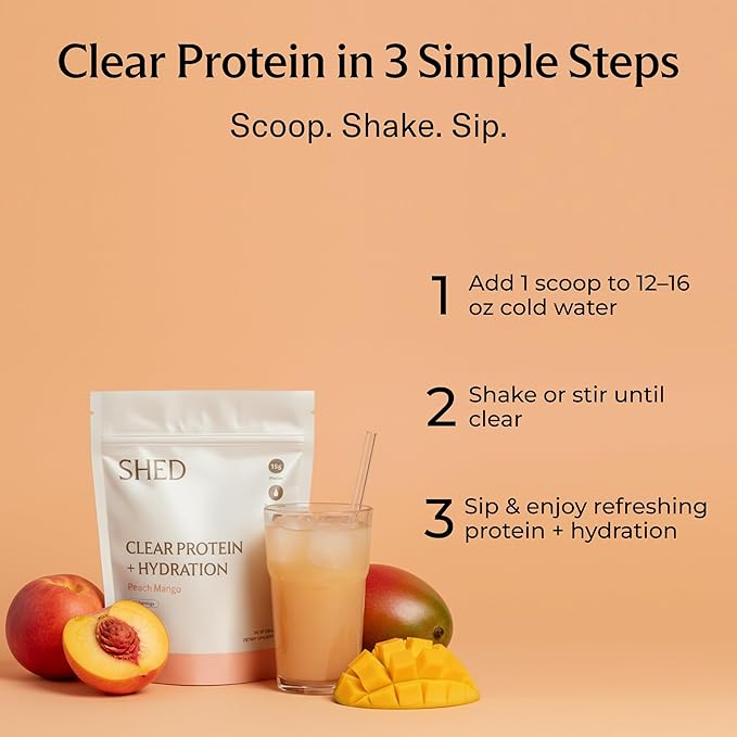 Clear Protein Powder with Electrolytes by Shed, 15g Whey Protein Isolate, Low Calorie and Lactose Free, Light and Clean Hydration Drink, Bloat-Free Post Workout Supplement, Variety Pack (15 Servings)