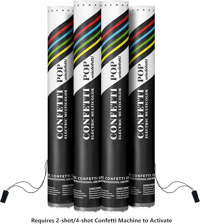 Electric Confetti Cannon Cartridges, 4 PIECES — 16" Multicolor Poppers for Weddings, Parties, Events | Requires 2-Shot/4-Shot Confetti Machine to Activate