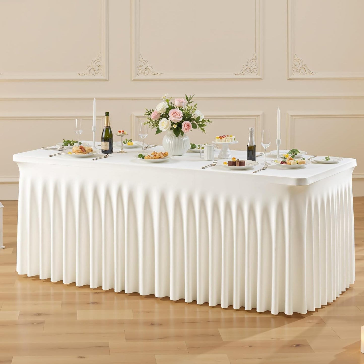 Besutolife Ivory Spandex Tablecloth for 4ft Rectangle Tables - Wrinkle-Resistant, Stretchable, Machine Washable - Perfect for Weddings Banquets Birthday Parties Events