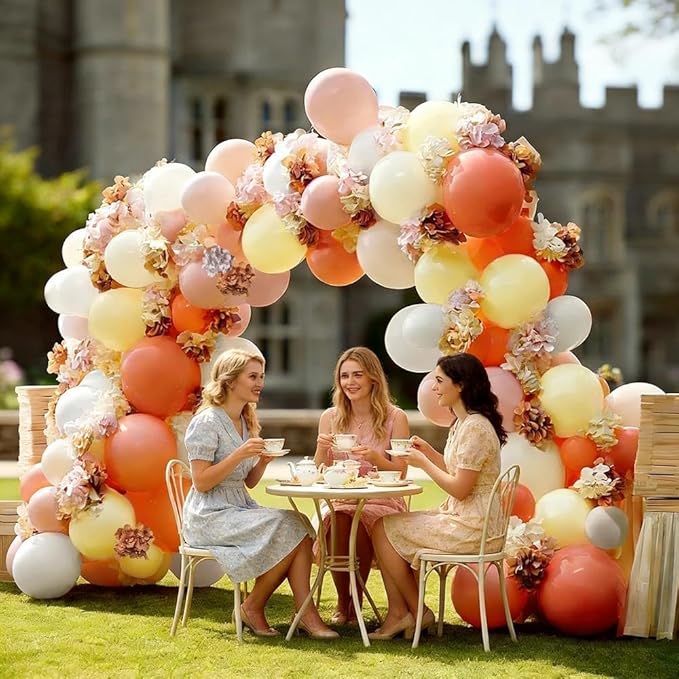 Pink Yellow Peach Balloons with Hydrangea Artificial Flowers, Double Stuffed Pastel Pink Coral White Ivory Balloon Arch for Wildflower Baby Shower Birthday Bridal Shower Easter Tea Party Decor