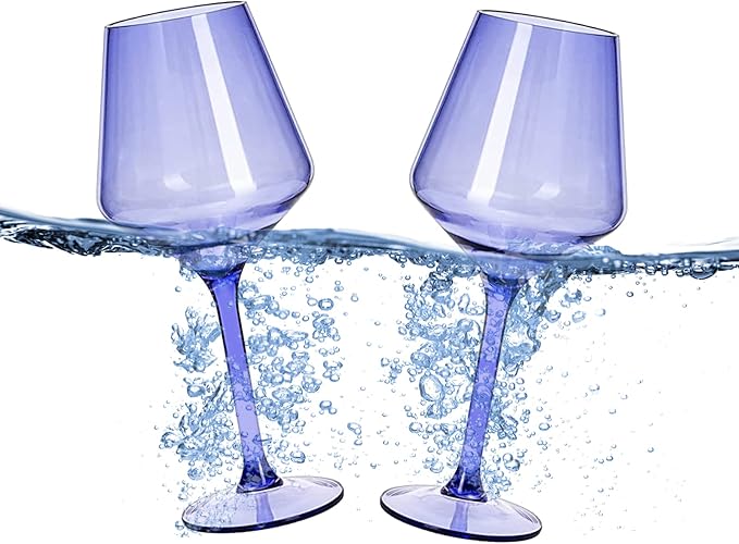 Floating Wine Glasses for Pool (18 Oz | Set of 2) - Wine Glass Set That Float | Shatterproof Poolside Wine | Beach Glass | Outdoor Tritan Plastic Glassware with Stem for Patio, Picnic - Bright Purple