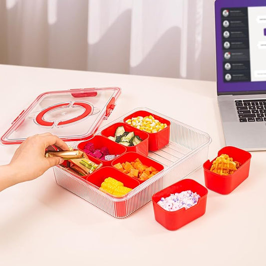 Patent Design Ribbed Snackle Box Container Divided Serving Tray with Lid and Handle -Charcuterie Container Portable Storage Organizer for Candy, Fruit, Beach, Picnics（1 pcs, Red）