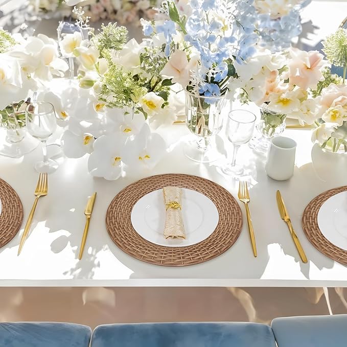 MAONAME Faux Rattan Charger Plates Set of 6, Table Chargers for Dinner Plates, 13" Round Brown Plate Chargers, Plastic Charger for Table Setting, Wedding Decor