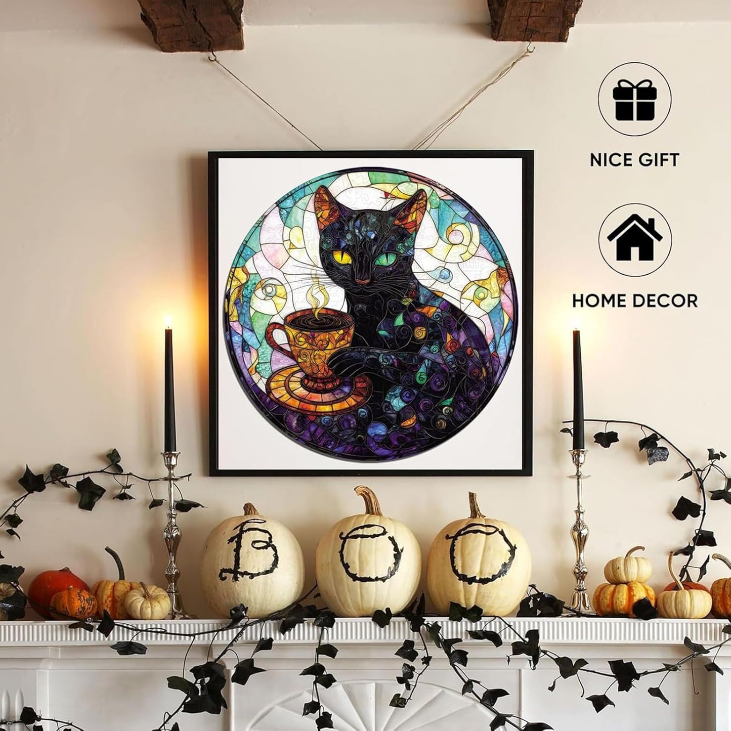 Reouinty Wooden Puzzles for Adults 500 Pieces, Halloween Black Cat Jigsaw Puzzles, Unique Animal Shape Wood Cut Puzzles Best Gift for Adults Family Game 16.5 x 16.5 in
