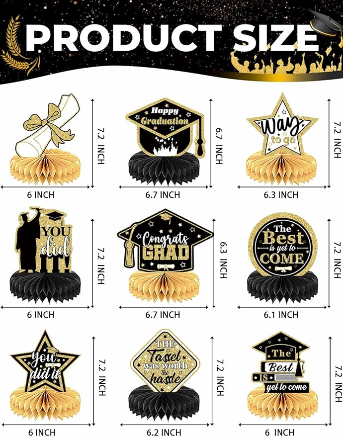 Graduation Table Decorations 2026 - Graduation Centerpieces for Tables, 9 Pcs Black and Gold Honeycomb Centerpieces, 3D Congrats Grad Table Toppers for Class of 2026 Grad Party Decorations