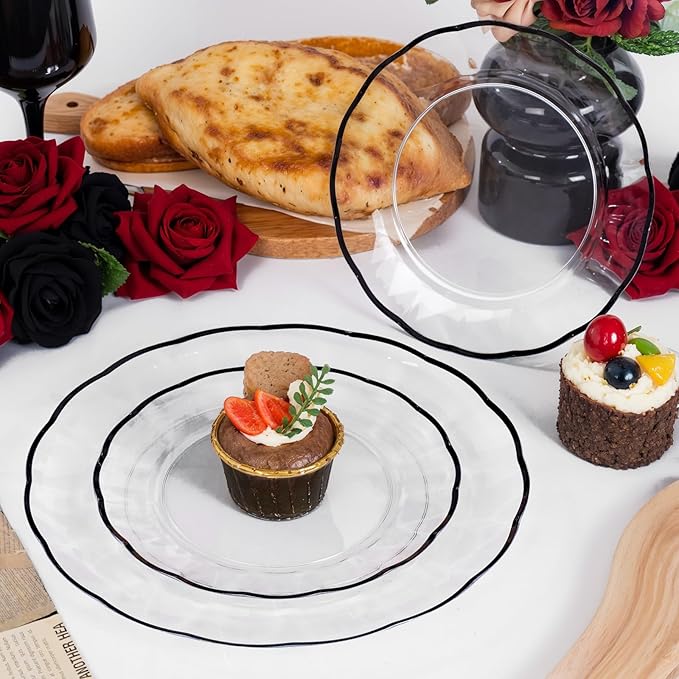 supernal 60pcs Clear and Black Plastic Plates New Fancy Scalloped Plates Disposable Heavy Duty Disposable Dinnerware Include 30 Dessert Plate & Dinner Plate for Valentine's Day Easter and Party