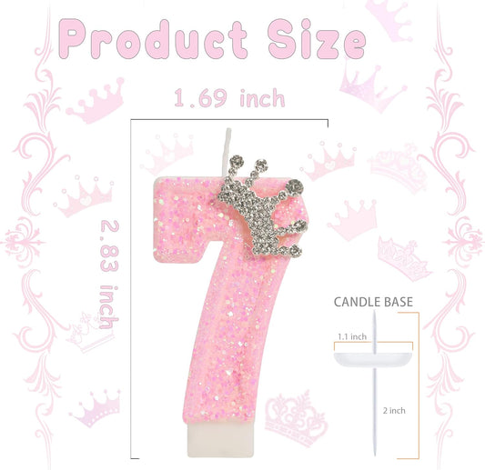 Birthday Candle for Cake, Crown Pink Number Candles, 2.76 inch Cake Topper Decoration for Birthday Party (Number 7)