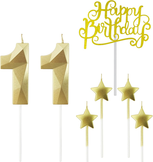 Golden Number 11 Birthday Candles and Star Birthday Candles 2.76 inch Birthday Cake Candles 3D Diamond Shaped Candles are Suitable for Birthday Parties and Anniversary Cake Decorations Candles