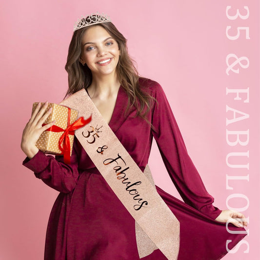 CIEHER 35th Birthday Crown & Sash Set + Tiara, Fabulous 35th Decorations & Gifts