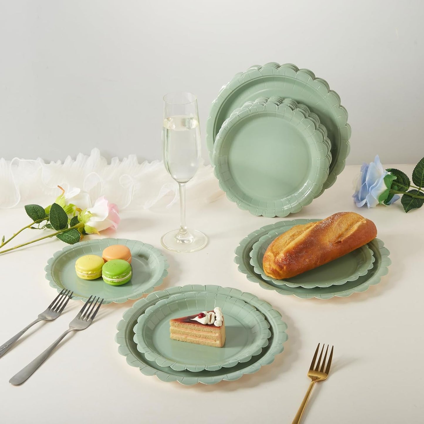 BEFORYOU 50PCS Scalloped Disposable Paper Plates Dessert Cake Party Plates for Baby Shower, Wedding,Bridal Shower Birthday Party Supplies (Sage-Green, 7IN and 9IN)