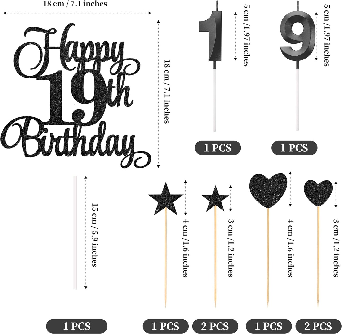 19th Birthday Cake Decorations, 19th Birthday Candles Cake Numeral Candles and Glitter Happy 19th Birthday Cake Toppers Set for Birthday Party Supplies (Black)