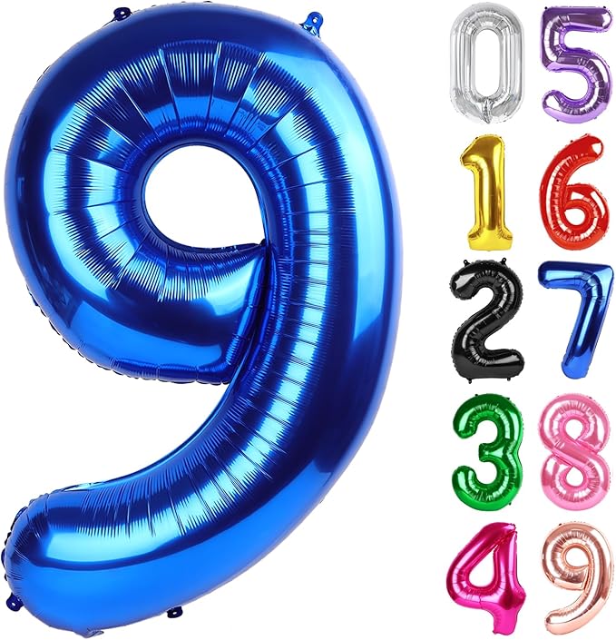 Metallic Blue Number 9 Balloon 40 Inch, 9th Birthday Party Decorations for Children, Giant 9 Foil Balloon for Party Supplies