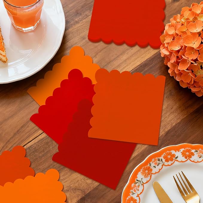 120PCS Gradient Red Cocktail Party Napkins, Red Scalloped Beverage Dessert Paper Napkin for Birthday Wedding
