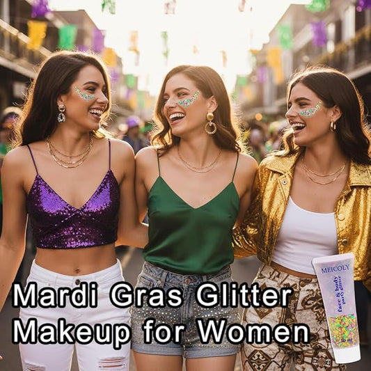 MEICOLY Mardi Gras Face Glitter,Mardi Gras Outfit for Women Kids,Mardi Gras Accessories for Carnival,Gold Green Purple Mixed Chunky Glitter,Rave Festival St Patricks Day Glitter for Face/Body/Hair