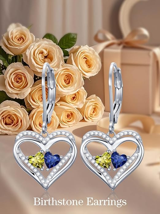 Valentines Day Gifts for Women, Heart Leverback Earrings Double Birthstone Dangle Earrings for Women, Love Jewelry for Her, Anniversary Birthday Gift for Mom Wife Girlfriend