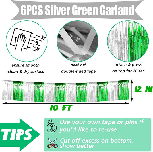 6 Pack 6 Feet Foil Fringe Garland Metallic Tassle Banner Wall Hanging Tinsel Streamers Backdrop for Parade Floats, Wedding, Birthday, Mardi Gras, St Patrick Day Party Decorations(Silver Green)