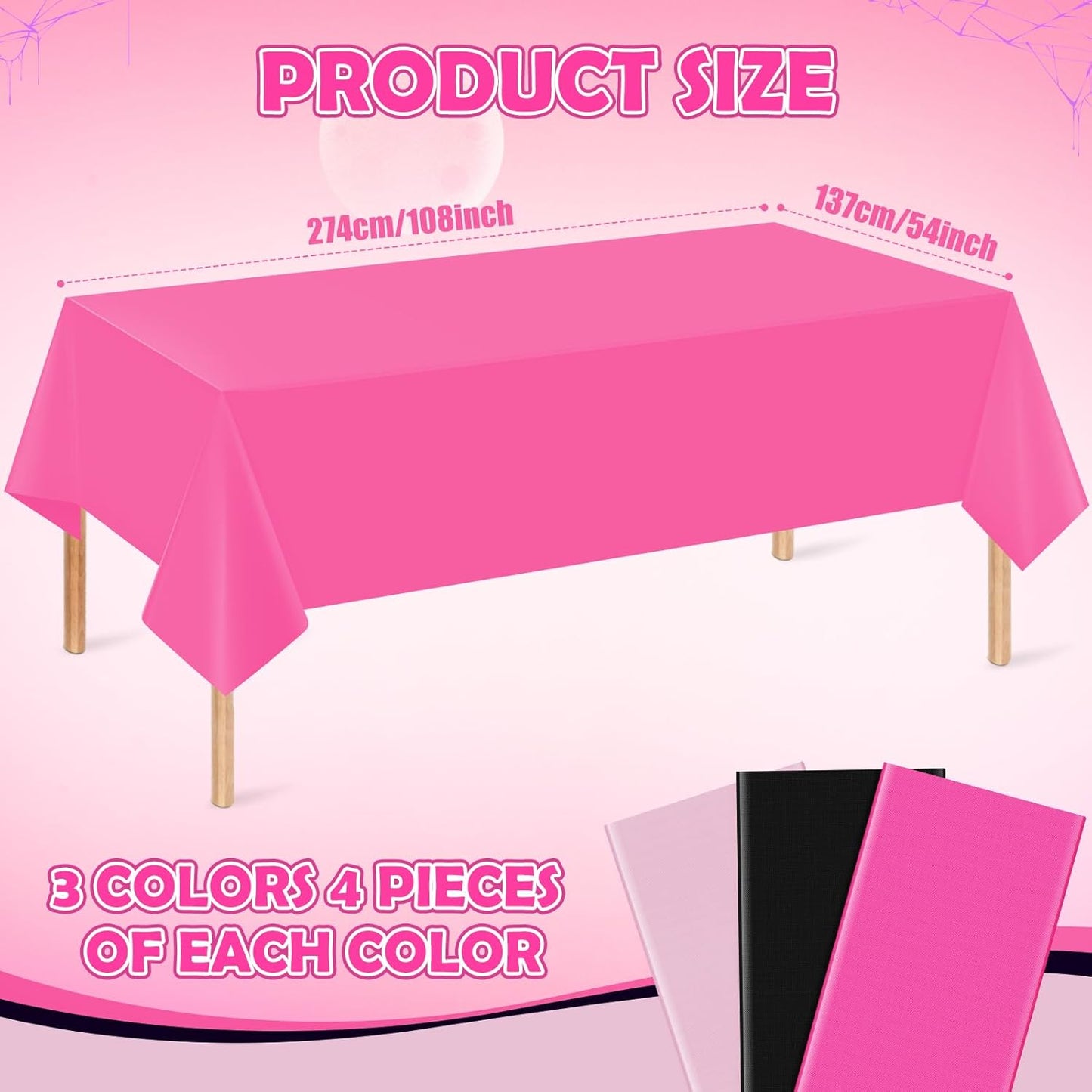 12 Pack Halloween Pink and Black Plastic Tablecloth for Rectangle Tables, Pink Black Disposable Table Cover, Rectangle Table Cloth for Girls Halloween Baby Shower Birthday Party Supplies Decorations