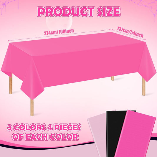 12 Pack Halloween Pink and Black Plastic Tablecloth for Rectangle Tables, Pink Black Disposable Table Cover, Rectangle Table Cloth for Girls Halloween Baby Shower Birthday Party Supplies Decorations