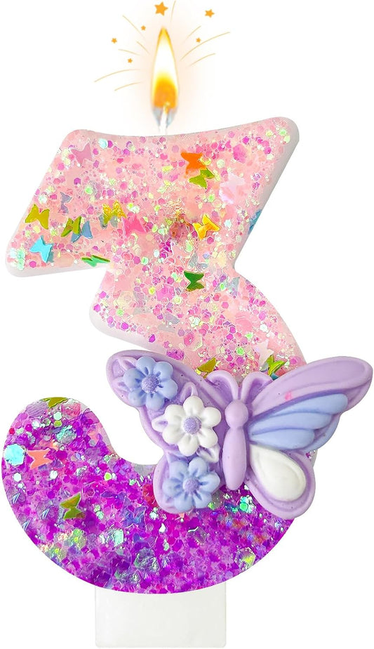 HXOUSE Butterfly Number 3 Birthday Candles - Pink & Purple Butterfly Birthday Candles for Cake, 3 Candle Topper for Anniversary Celebrations Supplies, Fairy Party Decorations for Girl (Number 3)