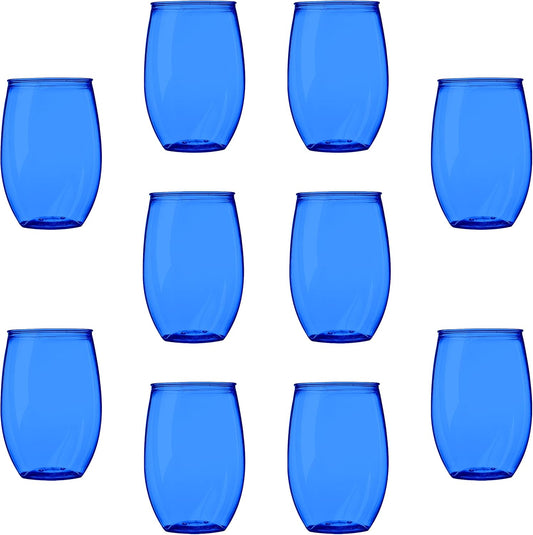 Plastic Stemless Wine Glasses 16 oz. Set of 10, Bulk Pack - BPA Free, Great for Outdoor Lounges, Poolside, Parties and Other Events - Blue