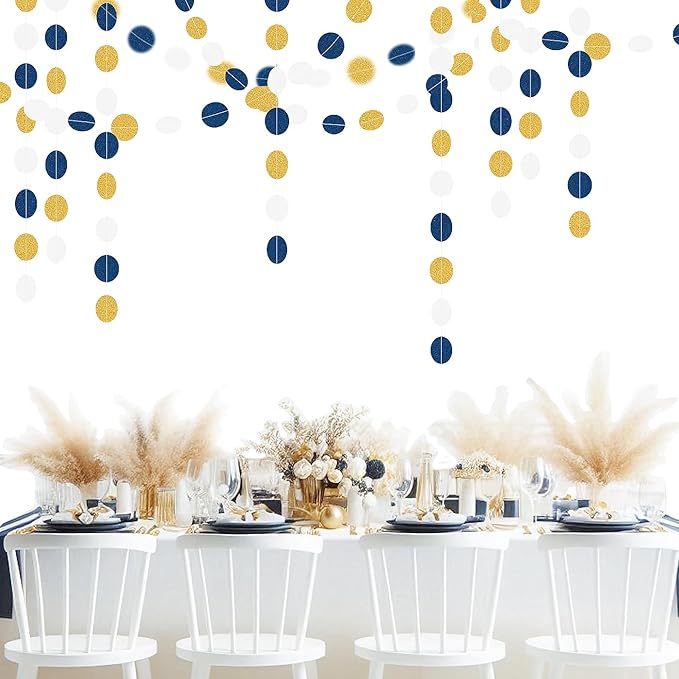Navy-Blue White Gold Birthday-Party-Decorations - 52Ft Paper Garland Circle Dots Streamer Graduation Banner Christmas Decoration Baby Shower Bridal Engagement Bachelorette Hanging Decor HongTongTong