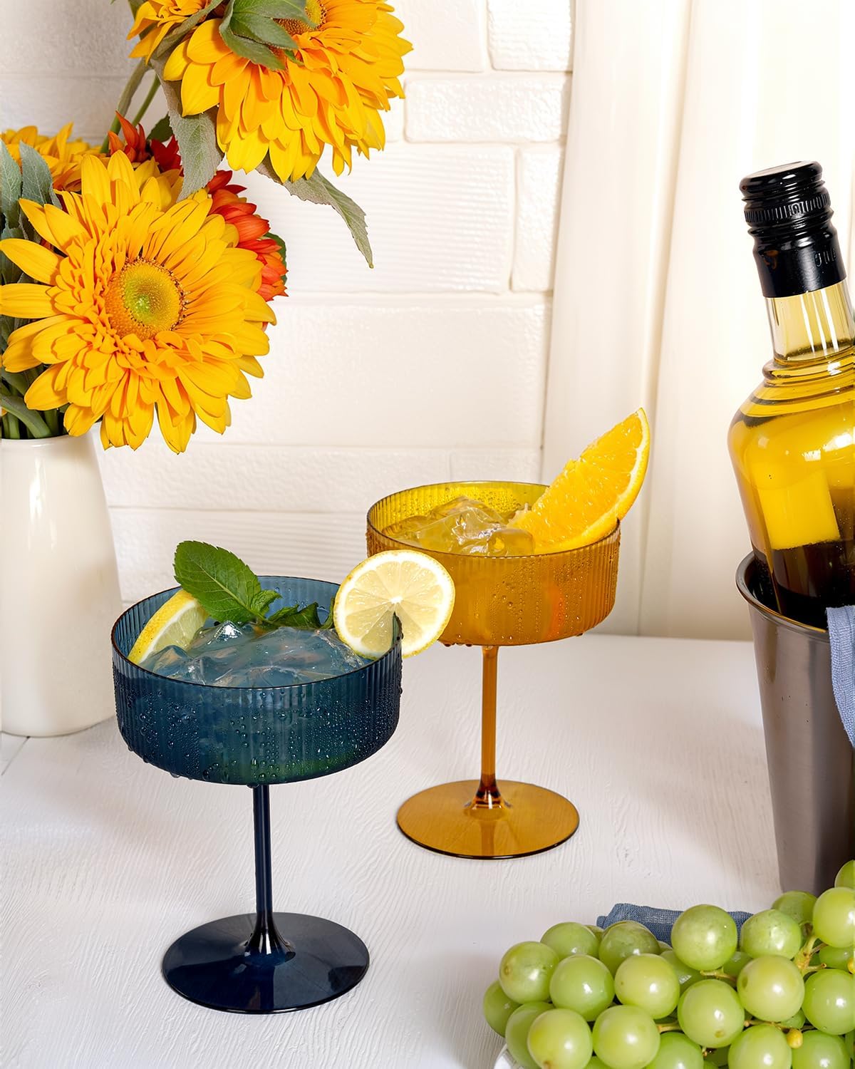 Ciaell 12PCS Plastic Ribbed Martini Glasses - 10 Oz Colored Disposable Coupe Glasses with Stem - Heavy Duty Margarita Cups for Bars, Cocktails, Whiskey, Parties & Wedding