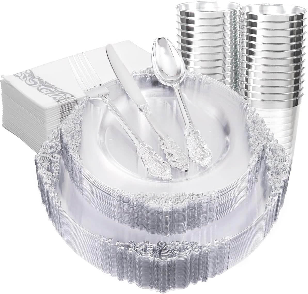 FLOWERCAT 175PCS Clear Silver Plastic Plates -Include 50 Plates, 25 Cups, 25 Forks, 25 Knives, 25 Spoons, 25Napkins for Wedding & Party&New Year