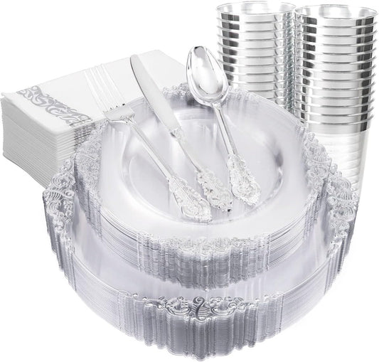 FLOWERCAT 175PCS Clear Silver Plastic Plates -Include 50 Plates, 25 Cups, 25 Forks, 25 Knives, 25 Spoons, 25Napkins for Wedding & Party&New Year