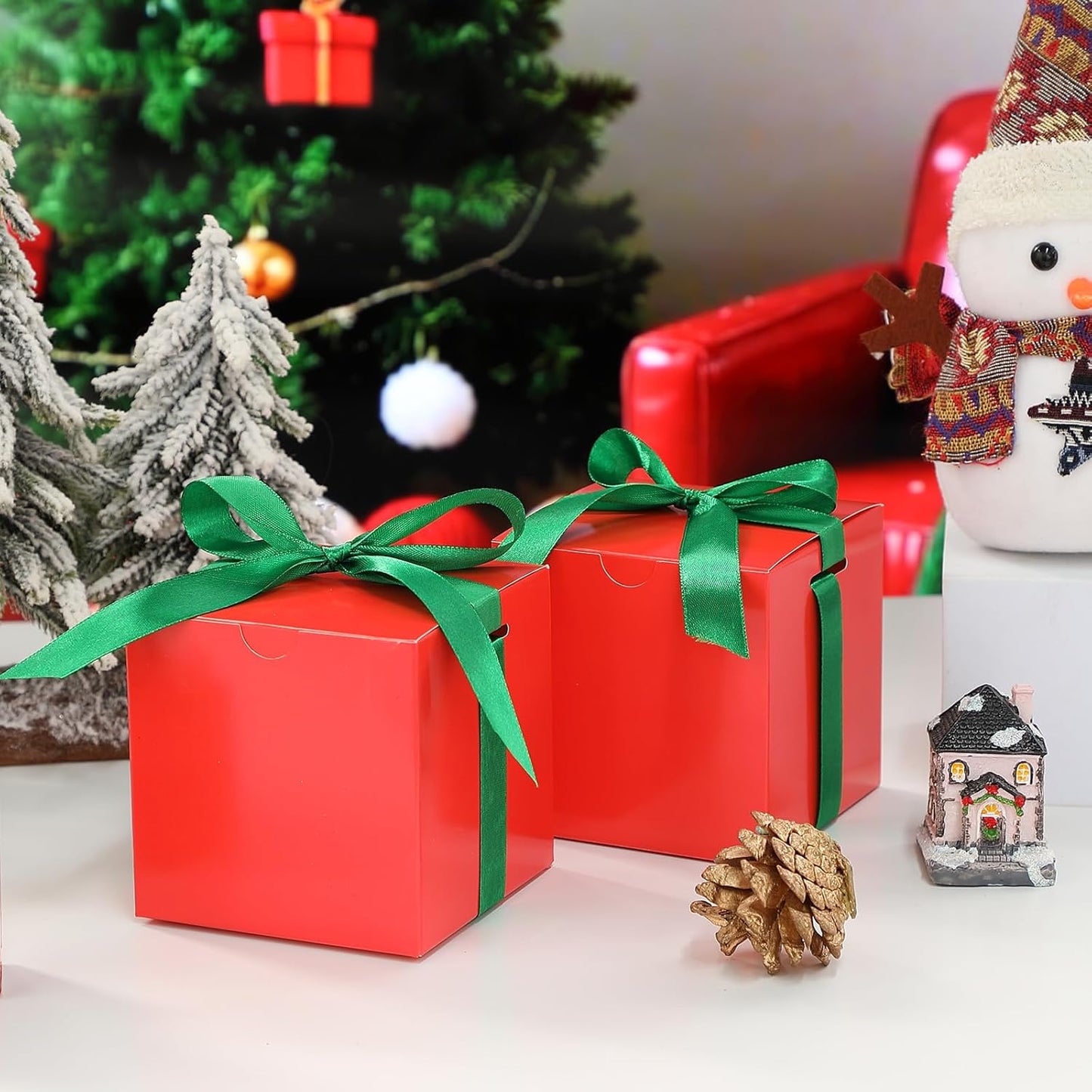 Dispowreath 48 Pcs 4x4x4 Christmas Gift Boxes with Ribbon Xmas Small Box with Lids Treat Boxes for Gift Wrapping Ornaments Wedding Holiday Birthday Party Favor(Classic)