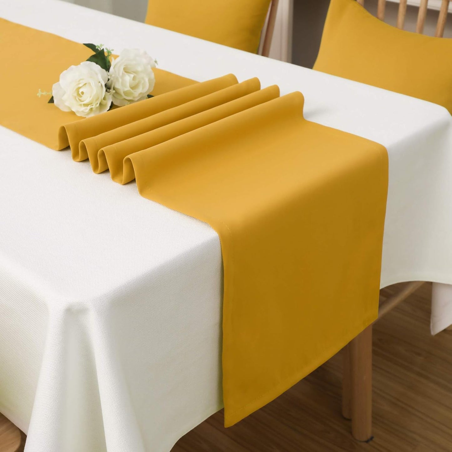 DUALIFE 2PCS Yellow Table Runner 108 Inches Long 9 FT Vivid Fall Yellow Table Runner for Wedding Family Dinner Indoor/Outdoor Picnics Table Handmade Table Runners 14" x 108"