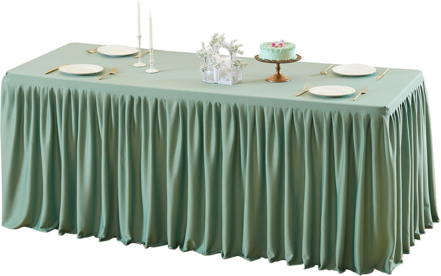 Sage Green Polyester Table Clothes for 8 Foot Rectangle Tables, Wrinkle Free Fitted Table Cover with Pleated Ruffle Table Skirt for Birthday Party Wedding Trade Show Event Display