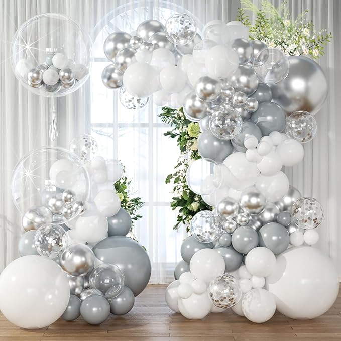 KARLURE White Silver Balloon Arch Kit Garland with Grey Clear Balloons for Birthday Engagement Wedding Baby Shower Confirmation Prom 25th Anniversary Decorations