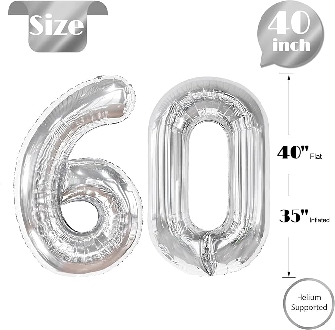 Silver Number 60 Balloon 40 inch, 60 Number Balloons, 60th Silver Birthday Decorations for Girls Boys Kids, 60 Year Old Women Men Silver Party Supplies