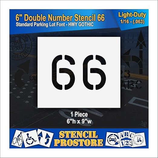 Pavement, Curb, and WheelStop Stencils - 6 inch Double Number Stencil - (66) - 6" x 9" x 1/16" (63 mil) - Light-Duty