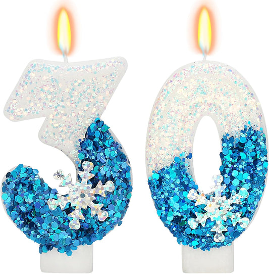 Snow Themed Birthday Candles, Birthday Candle for Party Supplies, Winter Birthday Party Supplies, 2.76 inch Number 30 Candle Cake Topper Decoration (Number 30)