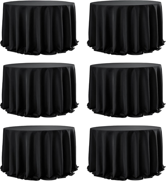 6-Pack Black Round Tablecloths, 132 Inches, Stain-Resistant Polyester for 6-8 Ft Round Tables - Washable Table Covers for Weddings, Banquets, Birthday Parties, Events