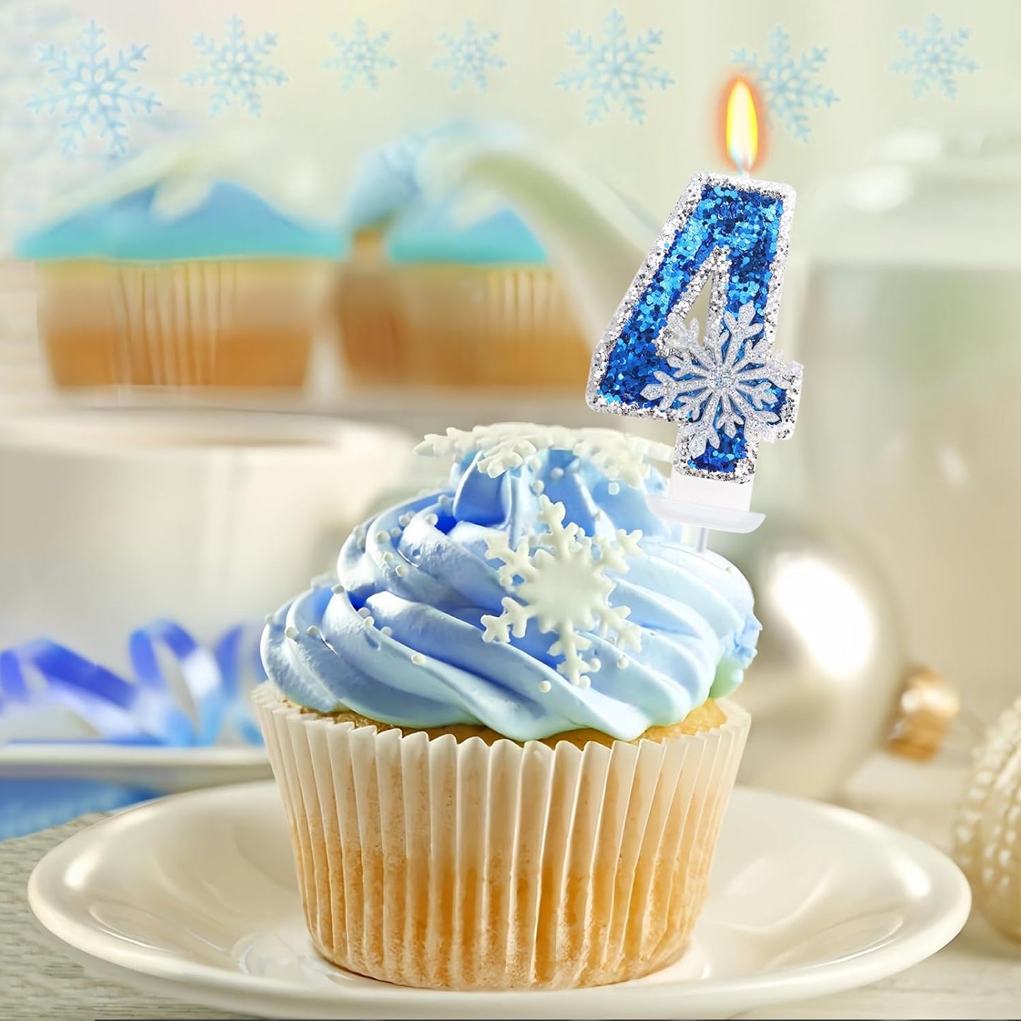 Frozen Themed Birthday Decorations, Snowflake Number 4 Candles for Kids Adults Birthday Party Supplies, 2.76 inch Glitter Cake Topper Decorations (Number 4)