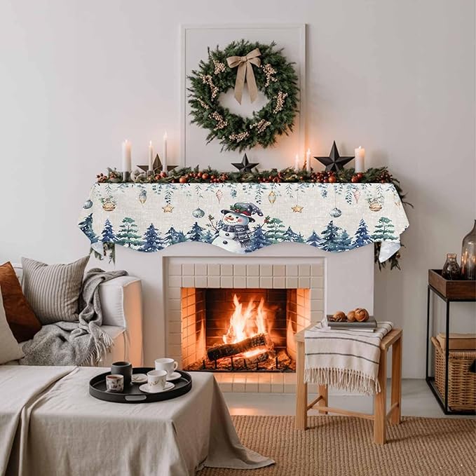 Blue Snowman Christmas Fireplace Mantel Scarf Table Runner, Xmas Snowflake Eucalyptus Leaves Rustic Winter Garland Mantel Top Tablerunners Dresser Scarves Cover for Windows Party Living Room 90''x17''