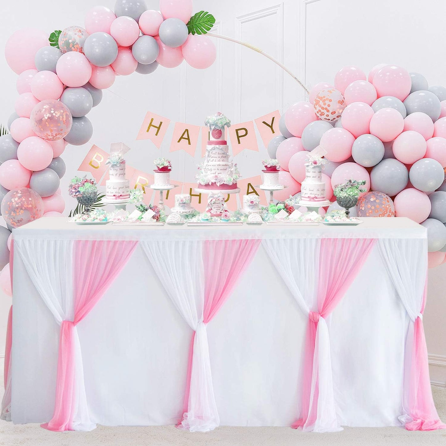 Suppromo Pink Table Skirt 14ft Tutu Tulle Tablecloth for Baby Shower Girl Birthday Party Bridal Shower Wedding Cake Dessert Buffet Banquet Table Decorations