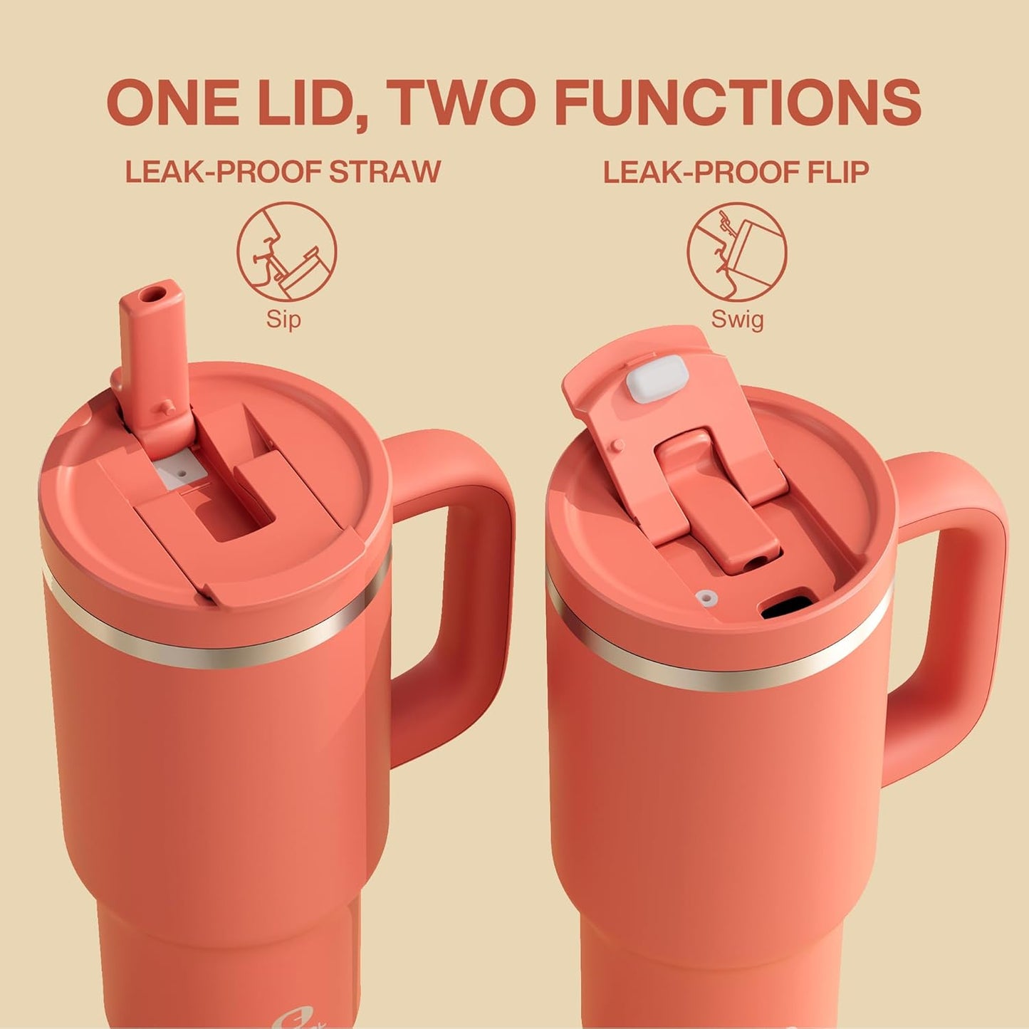 ENCOOL 32 oz Tumbler with Handle and Straw: Stainless Steel Insulated Tumbler Keeps Cold for 24 Hours, Leakproof Travel Cup Fits in Cup Holder and BPA-Free,Tawny Orange