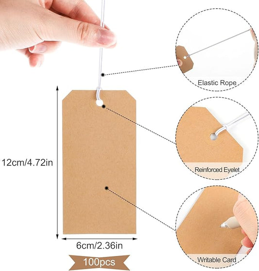 100pcs Brown Paper Shipping Tags with Elastic Rope Large Marking Hanging Paper Tags Attached Reinforced Hole Writable Price Tag Inventory Gift Tag 4.76'' x 2.36''