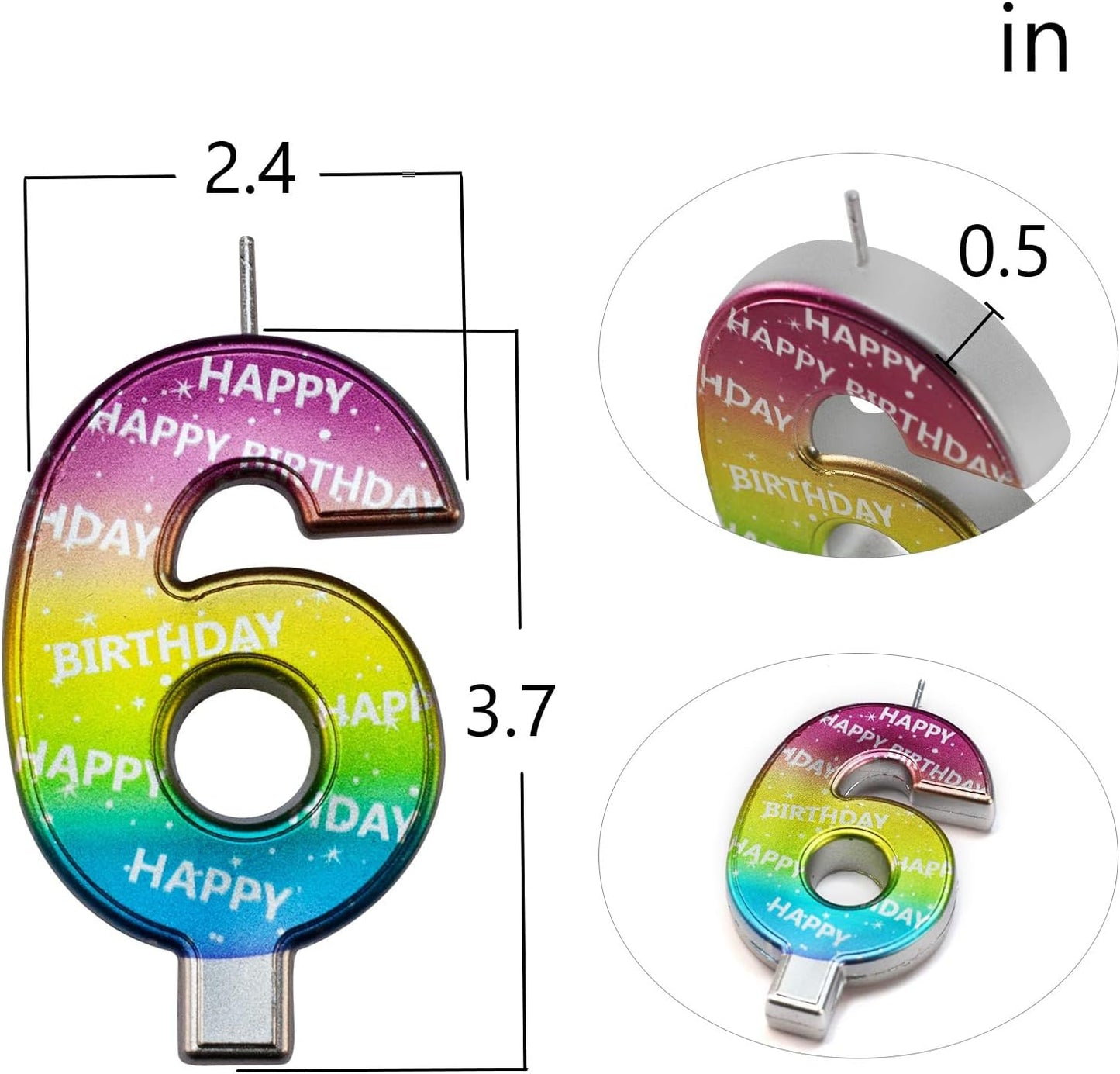 DERVENTA Birthday Candles Big Numbers Multicolored 3.7 inch Party Cake Topper 1 Piece (Number 6 Multi-Colored)