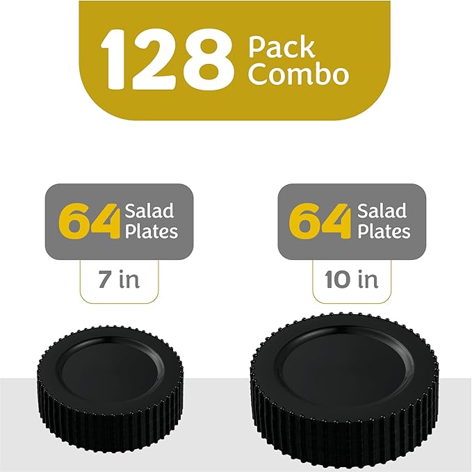 PLASTICPRO 128 Piece Combo Plastic Dinner Plates Disposable Plastic Fancy Heavy Duty Party Dishes 7 inch and 10 inch, Black Beaded